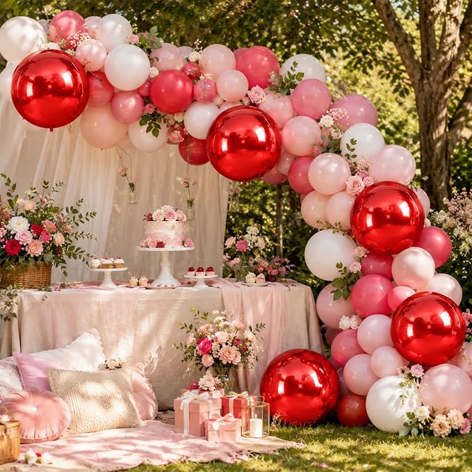 Red Round Foil Balloons with Satin Bows and Ribbon - Image 7