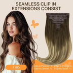 DOORES Hair Extensions Seamless Clip in Human Hair, Walnut Brown to Ash Brown and Bleach Blonde 110g 7pcs 16 Inch, Invisi Edge Hair Extensions Real Human Hair Clip in Remy Straight Hair