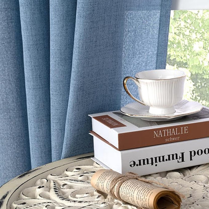 YoungsTex Blue Short Linen Curtains 45 Inches Length, Bronze Grommet Light - Image 7
