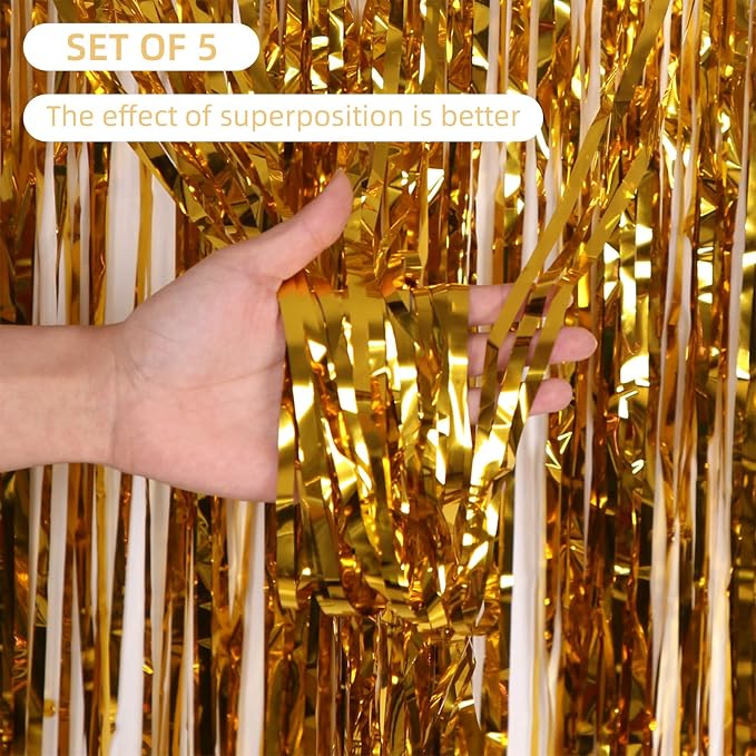 5 Pack Gold Fringe Backdrop 3.2ft x 8.2ft Foil Curtain Tinsel Foil Fringe - Image 2
