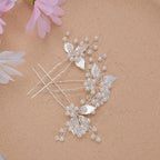 Bridal Hair Accessories, Beusoulover 3 Pieces Silver Hair Pins for Women Wedding, Bridesmaid, Flower Girl, U Shaped Bridal Flower Rhinestone Pearl Hair Pins Hair Vine Hair Piece (Silver)