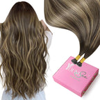 YoungSee Nano Ring Hair Extensions Ombre Brown 24Inch Nano Extensions Human Hair Balayage Dark Brown with Caramel Blonde Nano-Bead Hair Extension Long for Wedding 50G/S