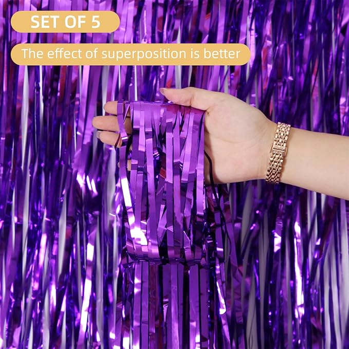 5 Pack Purple Fringe Backdrop 3.2ft x 8.2ft Foil Curtain Tinsel Foil Fringe - Image 2