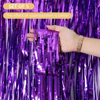 5 Pack Purple Fringe Backdrop 3.2ft x 8.2ft Foil Curtain Tinsel Foil Fringe - Image 2