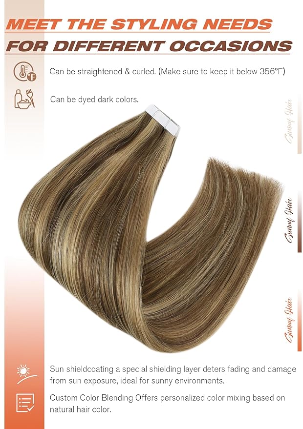 Sunny Hair Tape in Hair Extensions Real Human Hair Invisible Remy Hair Extensions Tape ins for Women Dark Brown Highlight Caramel Blonde 16 inch 20Pcs 50G