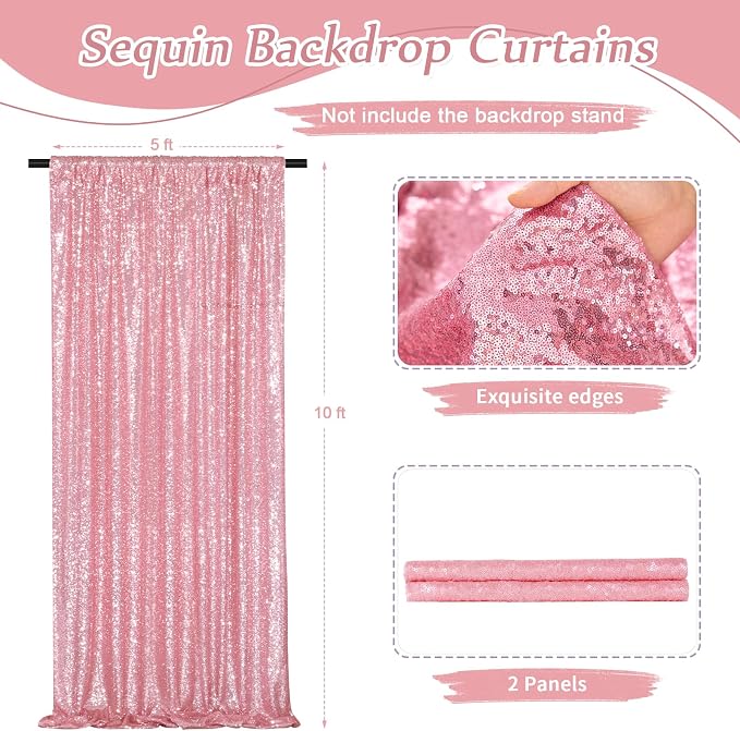 Blush Pink Sequin Backdrop 2 Pcs 5FTx10FT Glitter Party Backdrop Curtain - Image 3