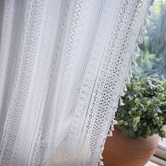 Sutuo Home White Crochet Boho Curtains 72 Inches Length, Sheer Lace Handmade - Image 6
