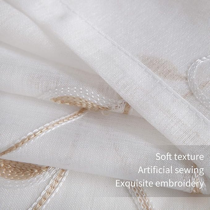 White Sheer Curtains Beige Embroidered Leaves 2 Panels 54Wx96L | Light - Image 6