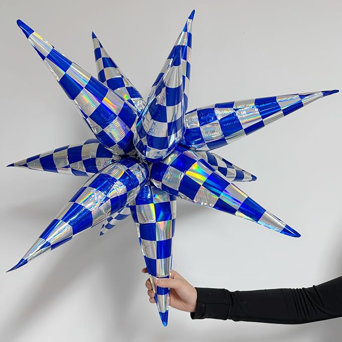 2 * 12 Pcs Blue Silver Iridescent Checkered Star Foil Balloons/Race Car - Image 3