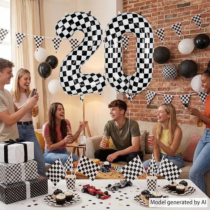 40 Inch Checkered Number 0 Balloon, Large Foil Black and White Number Balloons - Image 3