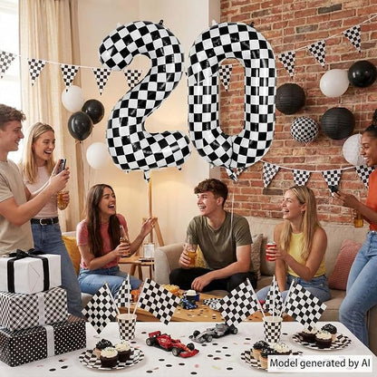 40 Inch Checkered Number 0 Balloon, Large Foil Black and White Number Balloons - Image 3