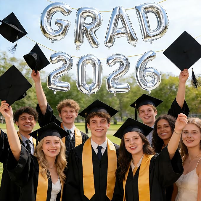 Silver GRAD 2026 Banner Balloons, 16 Inch Mylar Foil letter Graduation Balloons - Image 3