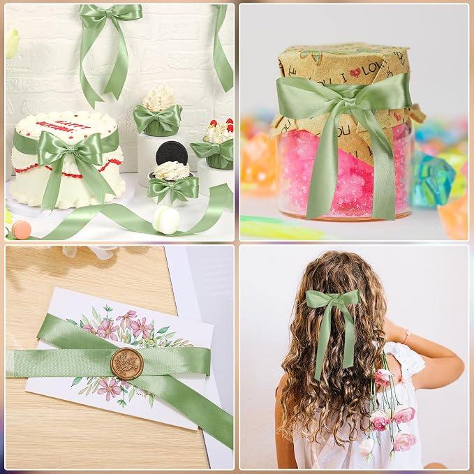 woric Sage Green Satin Ribbon 1 Inch x 50 Yards Light Green Ribbon - Image 3