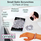 Amelia Beauty, Grey Satin Small Scrunchies, 12-Pack – No Damage Hair Ties for Women, Gentle & Durable Hair Accessories, 2.5in x 0.5in