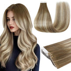 Full Shine Injection Tape in Hair Extensions Color Dark Brown 3 Fading to 8 and 22 Blonde Balayage 20 Inch Remy Tape in Human Hair Extensions Skin Weft 20 Pcs 50 Grams Silky for Wedding Straight
