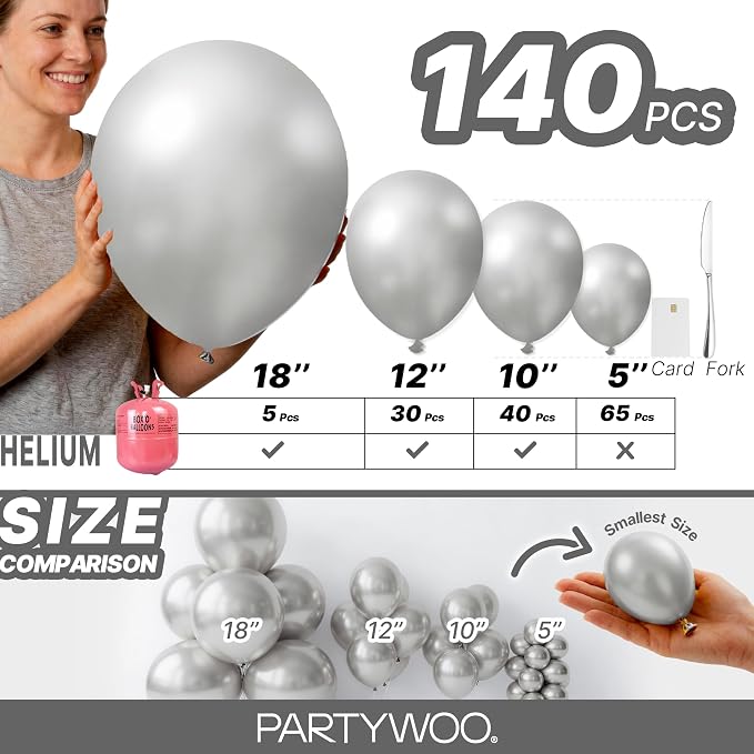 PartyWoo Silver Balloons 140pcs Different Sizes of 18 12 10 5 Inch | Balloons - Image 6