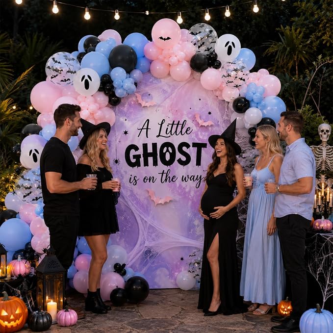 Halloween Gender Reveal Black and Pastel Pink Blue Ghost Balloons | 12 Inch - Image 7