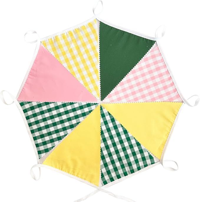 32Ft Camp Bride Party Decorations Pink Green Yellow Gingham Fabric Triangle - Image 6