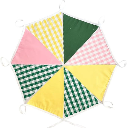 32Ft Camp Bride Party Decorations Pink Green Yellow Gingham Fabric Triangle - Image 6