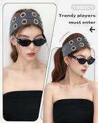 Grommet Headband for Women, Wide Grey 20cm Hollow Out Elastic Hair Band, Eyelets Punk Grunge Stylish Hairband