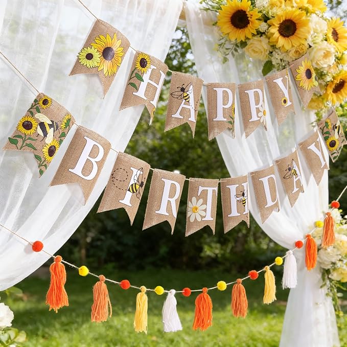 Burlap Sunflower Birthday Banners, Pre-strung Sunflower and Bee Themed Party - Image 5