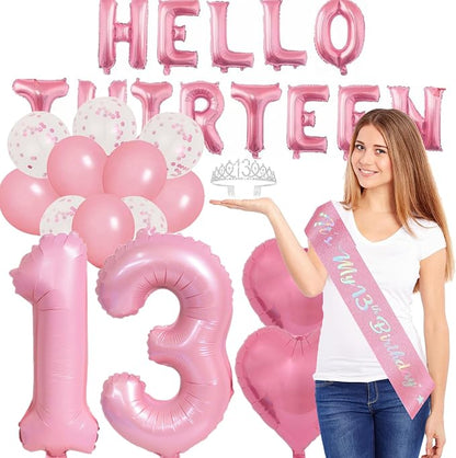 13th Birthday Party Decoration Girl Sash Crown Birthday Banner | Hello Thirteen - Image 4