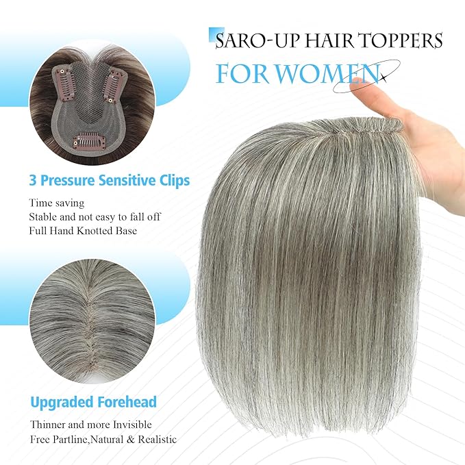SARO-UP Hair Toppers for Women Real Human Hair Toppers for Women with Thinning Hair pieces with No Bangs 3 * 4Inch Hand-Tied Invisible Upgrade Swiss Base 10Inch Topper (Mixed Light Grey)