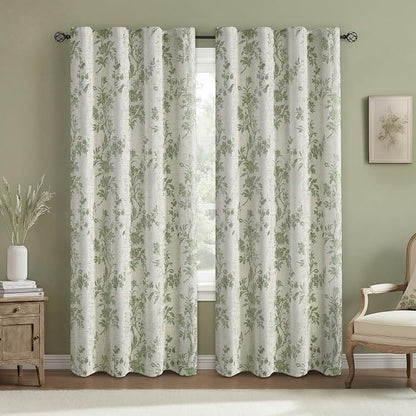 Sage Green Boho Floral 100% Blackout Curtains 90 Inch 2 Panels | Farmhouse by Unknown