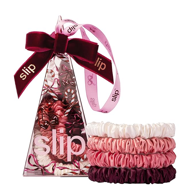 slip Skinny Scrunchies in Candy Cane Ornament Packaging: Anti-Crease, Anti-Breakage Slipsilk™ Design Protects Delicate Hair | Includes 4 Pure Silk Scrunchies