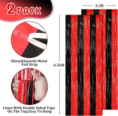 Voircoloria Red Black Foil Fringe Backdrop Curtains, 2 Pack | Tinsel Streamers - Image 3