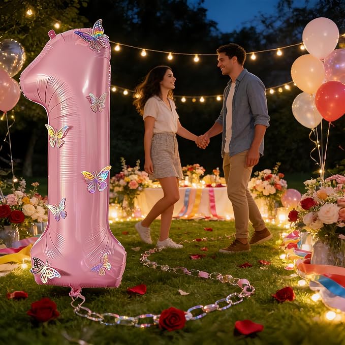 40 Inch Number Balloon Pink Large Mylar Foil Pink Number Balloons and Butterfly - Image 6