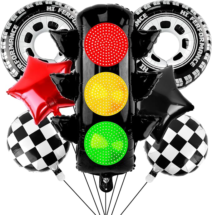Race Car Party Balloon Set 7pcs Traffic Light, Checkered Balloons, Tire Wheel by Lukinuo
