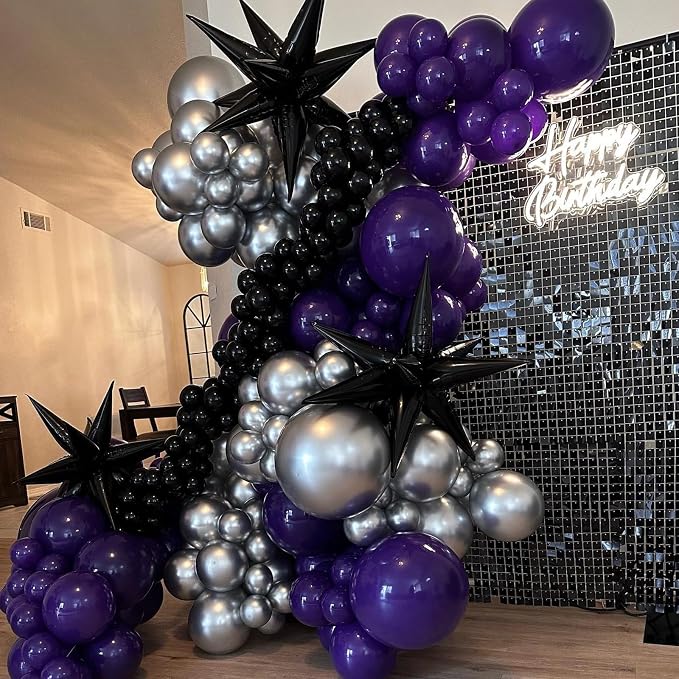 Purple Black Balloons Set, Metallic Black Silver Purple Confetti Balloons Latex - Image 5