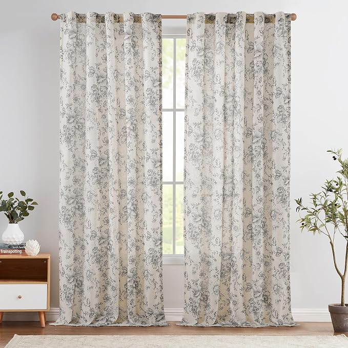 jinchan Grey Floral Linen Curtains 96 Inch Vintage Back Tab 2 Panels | Light by JINCHAN