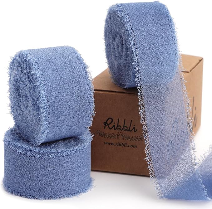 Ribbli Dusty Blue Ribbon 1 Inch x 3 Rolls Total 24 Yards Blue Handmade Fringe by Ribbli