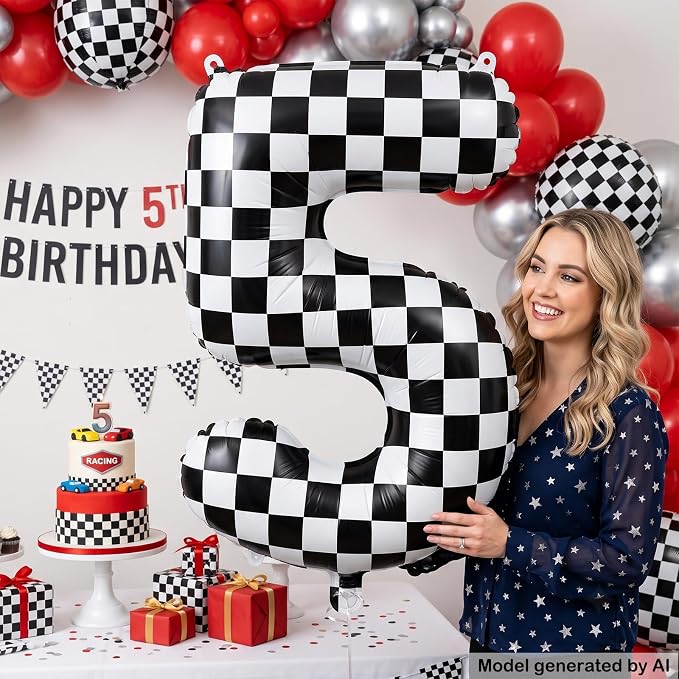 40" Checkered Number 5 Balloon for 5th Race Theme Birthday Party Supplies | 40 - Image 4