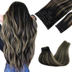 GOO GOO Clip in Hair Extensions Real Human Hair, Remy Human Hair Extensions Clip ins for Women, Natural Human Hair, 16inch 150g 9Pcs, 1B/16/1B Balayage Natural Black to Light Blonde