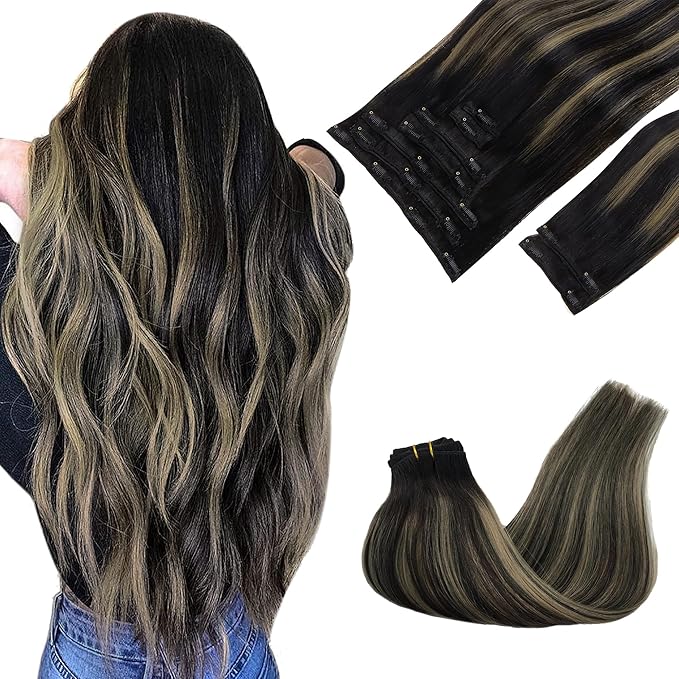 GOO GOO Clip in Hair Extensions Real Human Hair, Remy Human Hair Extensions Clip ins for Women, Natural Human Hair, 22inch 150g 9Pcs, 1B/16/1B Balayage Natural Black to Light Blonde