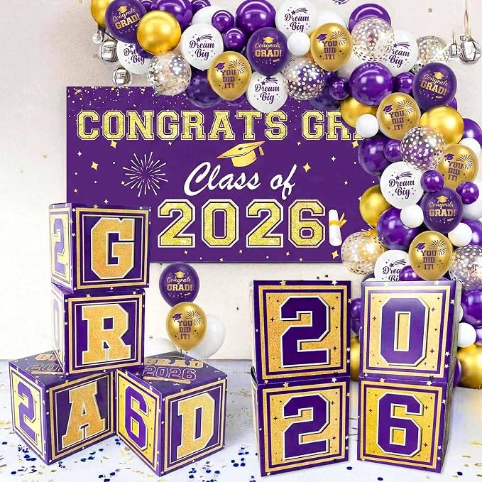 Graduation Decorations 2026 Purple and Gold Balloon Boxes, Class of 2026 GRAD by Unknown