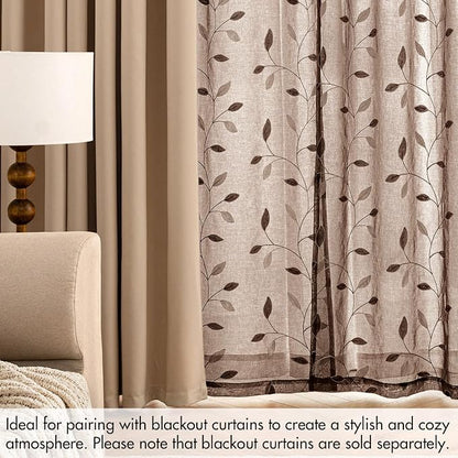 MIULEE Chocolate Brown Sheer Curtains 2 Panels Leaf Patterned, W52 x L84 | - Image 7