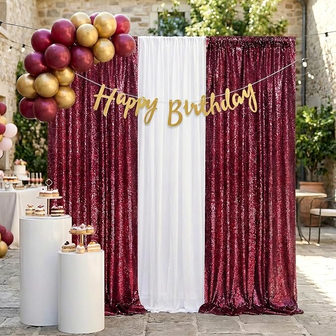 4x8FT Burgundy Red Sequin Backdrop Curtains Drape - Image 3