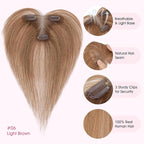 Hairro Human Hair Toppers with Side Bangs, 3D 360° Seamless Real Hair Toppers, Hand-Tied with 3.5"x4.7" T-shaped Base, Clip-In Hairpieces to Add Volume on Top, 11 Inch Light Brown
