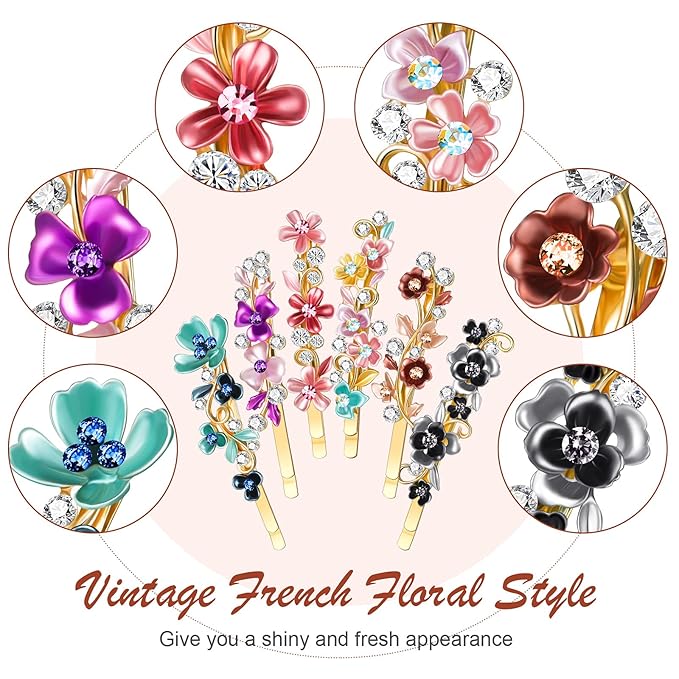 WILLBOND 12 Pieces Vintage Flower Hair Pins Women Barrette Bobby Pins Decorative Metal Gold Tone Hairpins Colorful Floral Design Hair Clips French Rhinestone Decorative Accessories for Women Girls