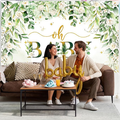 Greenery Boy Baby Shower Decorations Banner Floral Green Sage Oh Baby Backdrop - Image 3