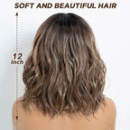 NOBLE Bob Wig with Bangs Short Wavy Wig for Women Ombre Mix Blonde Shoulder Length Wig Heat Resistant Synthetic Wigs for Daily Party Use 12 Inches