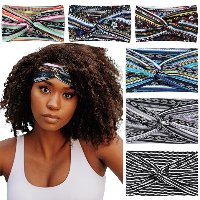 Achiou Boho Headbands for Women, Twist Knotted Head Bands for Women's Curly Hair Non Slip, Wide Turban Cloth Hairbands, Elastic Hair Accessories for Girls Yoga 6 Pack Two Size