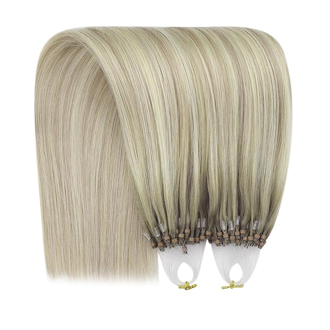 YoungSee Micro Link Hair Extensions Human Hair Blonde Ombre Microloop Hair Extensions Human Hair Blonde to Platinum Blonde Bead Hair Extensions Human Hair 16In Balayage Micro Links Hair Soft 50s/50g
