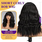 Black Wig with Bangs,Black Wavy Wigs for Women,Shoulder Length Curly Synthetic Hair Wig for Party Daily Use 18IN…