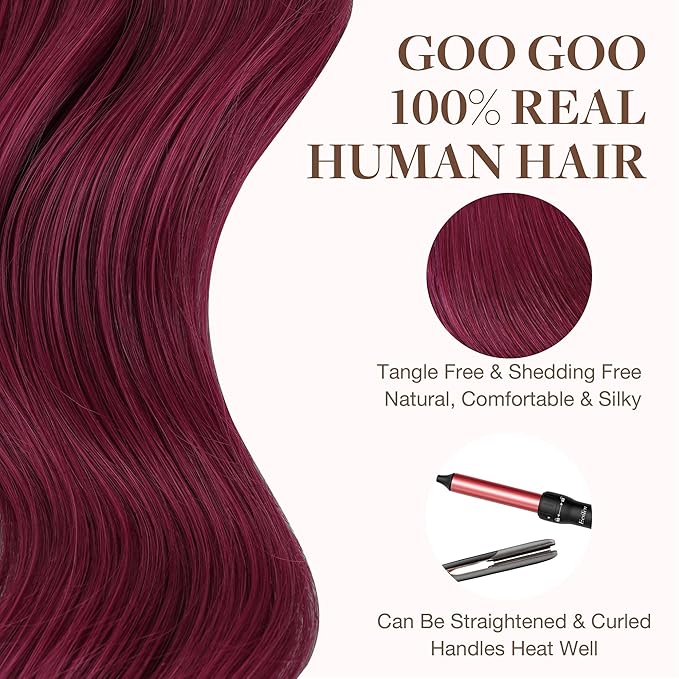 GOO GOO Tape in Hair Extensions Human Hair, Burgundy, 18inch 50g 20pcs, Skin Weft Seamless Invisible, Silky Straight with Thick Ends, Remy Human Hair