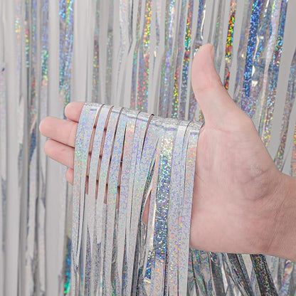 Voircoloria Laser Silver Foil Fringe Backdrop Curtains, 3 Pack | Tinsel - Image 2
